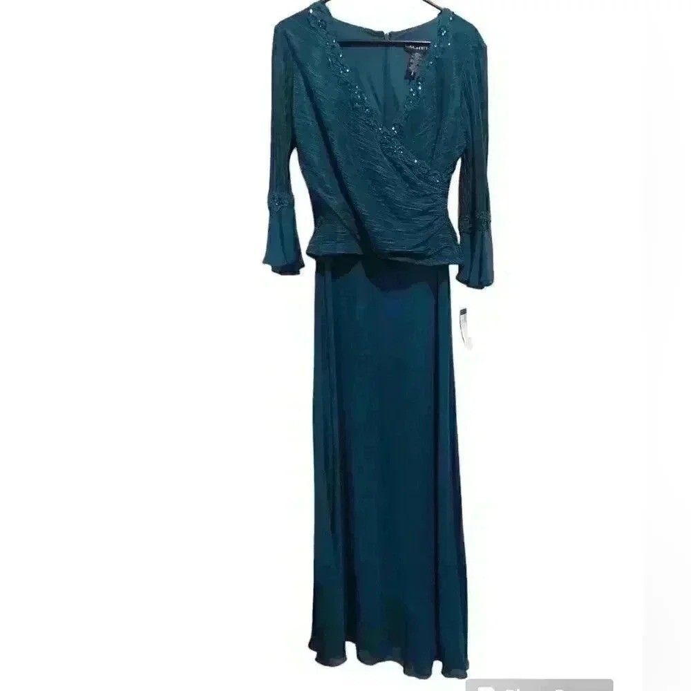CACHET Teal Blue Beaded Gown Maxi Dress Size 6 Pleated Faux Wrap Formal Evening